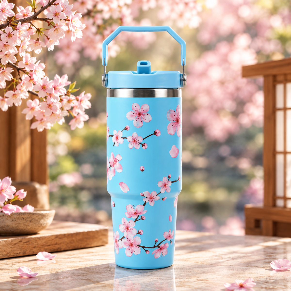 Cherry Blossom Floral Print Stainless Steel Tumbler with Straw & Handle - 30oz