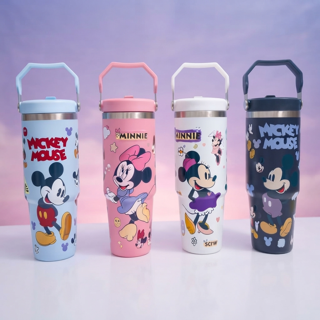 Cartoon Mickey Mouse Print Stainless Steel Tumbler with Straw & Handle - 30oz