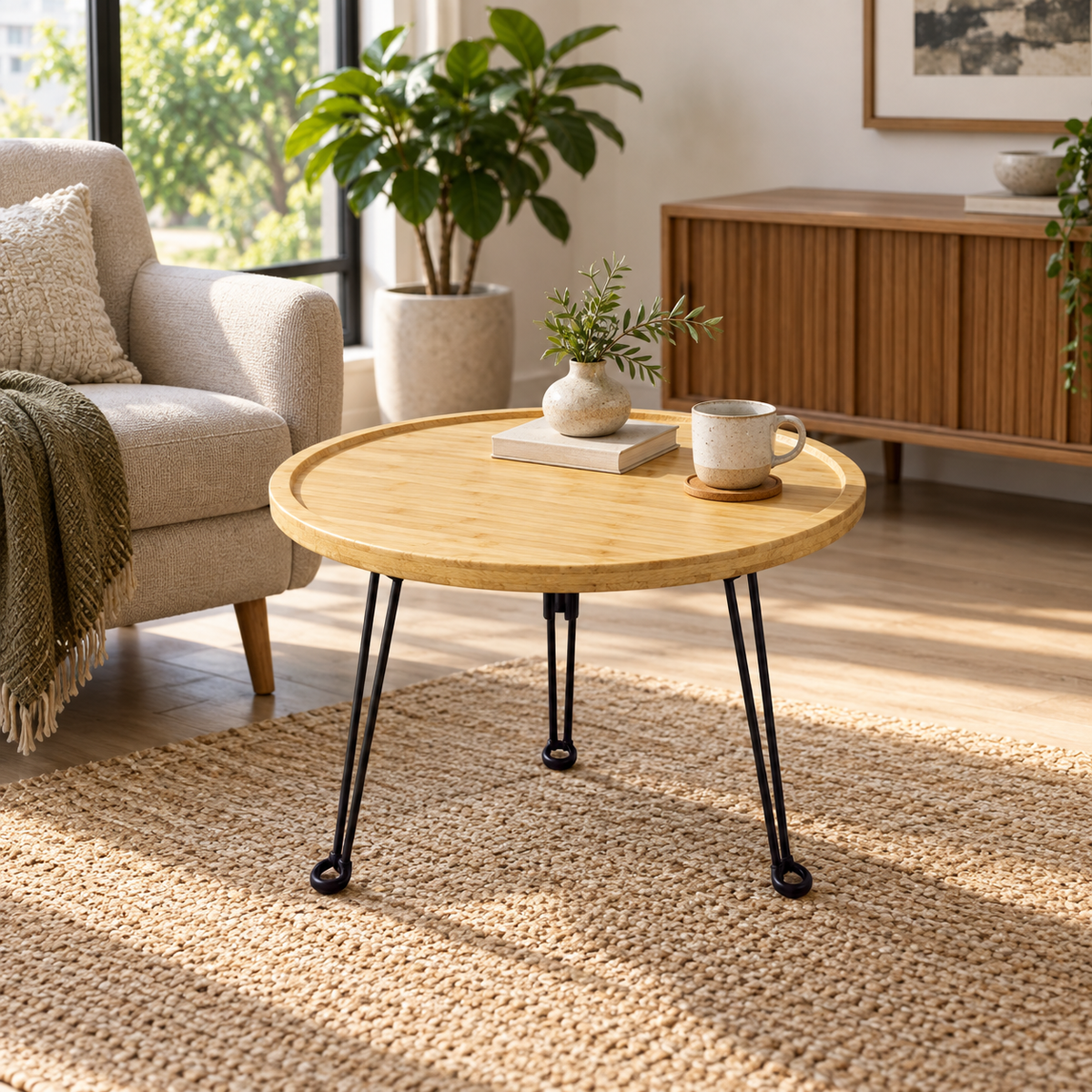 Decorative 42cm Round Wooden Folding Side Table – Portable Accent Table