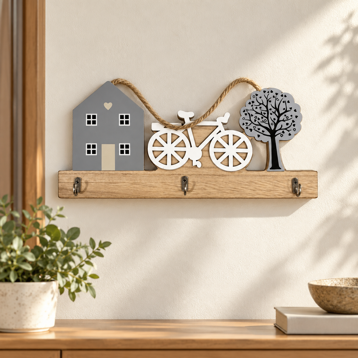 Decorative Rustic House, Bicycle & Tree Wooden Wall Key Holder