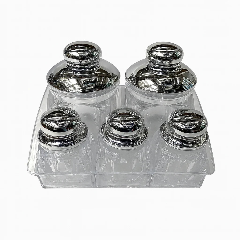 Premium Clear Plastic Storage Jars with Silver Lids – Set of 5 Airtight Containers with Tray for Kitchen & Pantry Organization