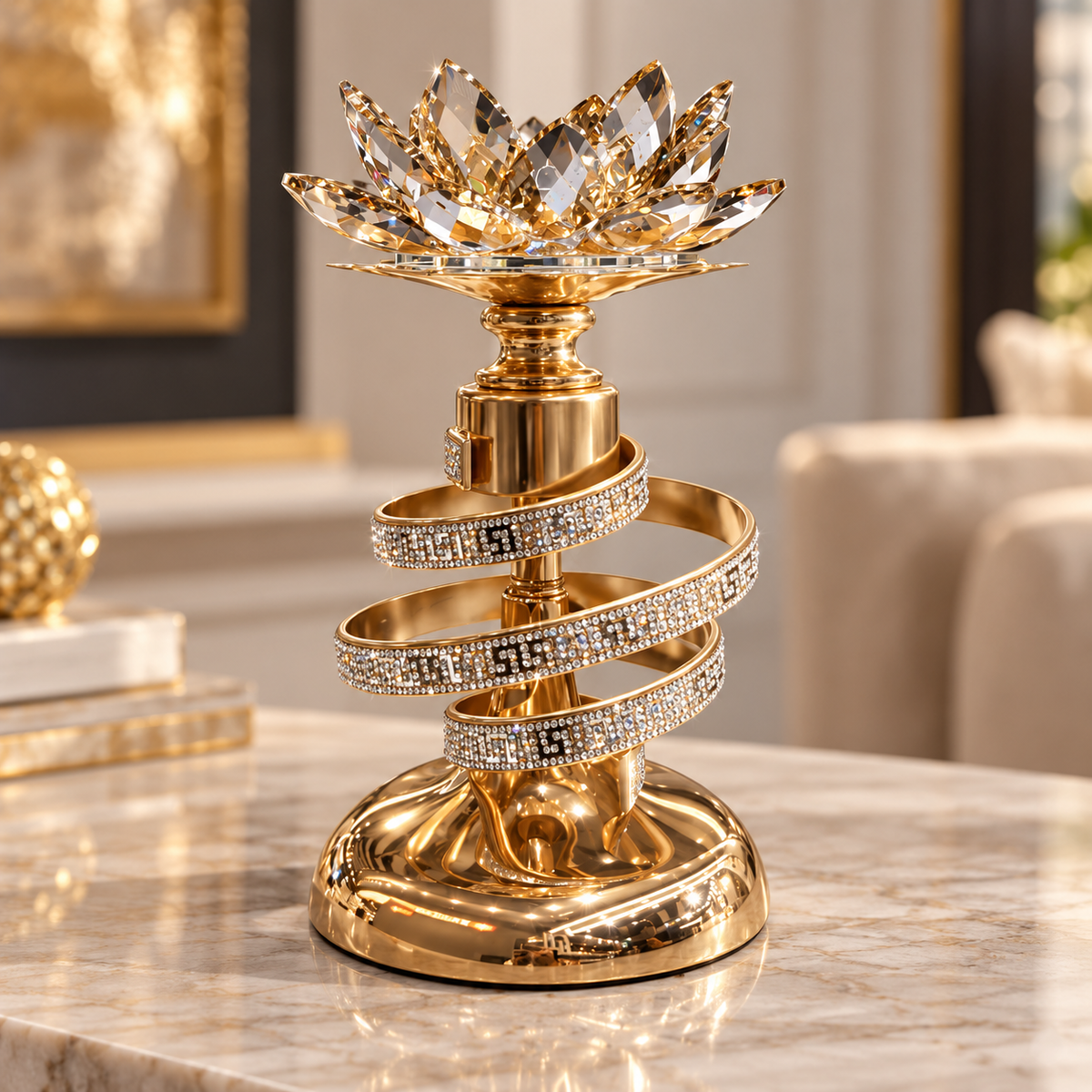 Luxury Gold Spiral Crystal Lotus Candle Holder