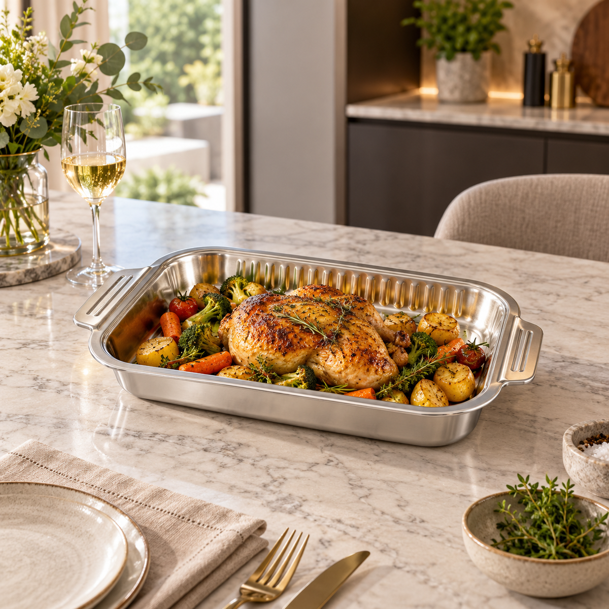 Large Stainless Steel Rectangular Serving Dish with Handles – 38cm