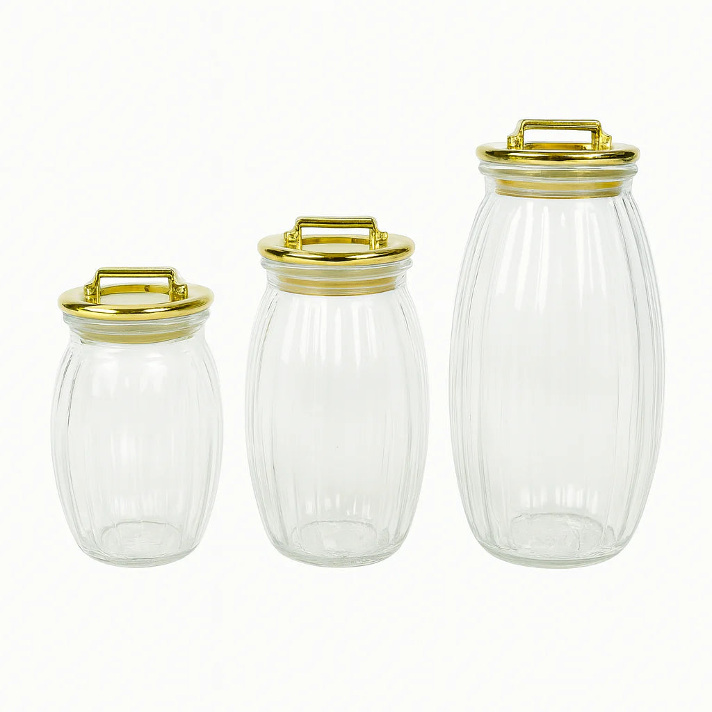 3 Pcs Sealed Storage Jars with Vertical Stripes & Handles – Gold, Rose Gold, Silver
