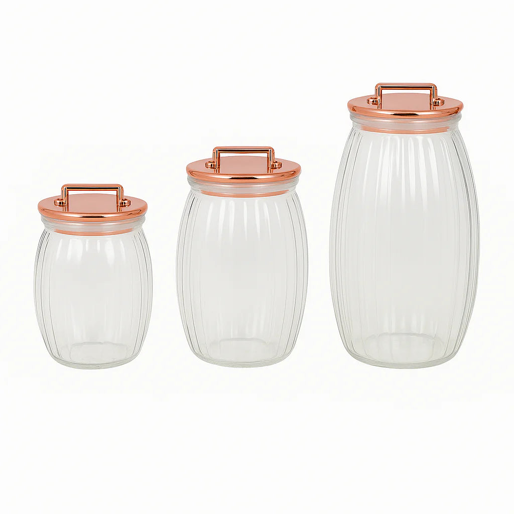 3 Pcs Sealed Storage Jars with Vertical Stripes & Handles – Gold, Rose Gold, Silver
