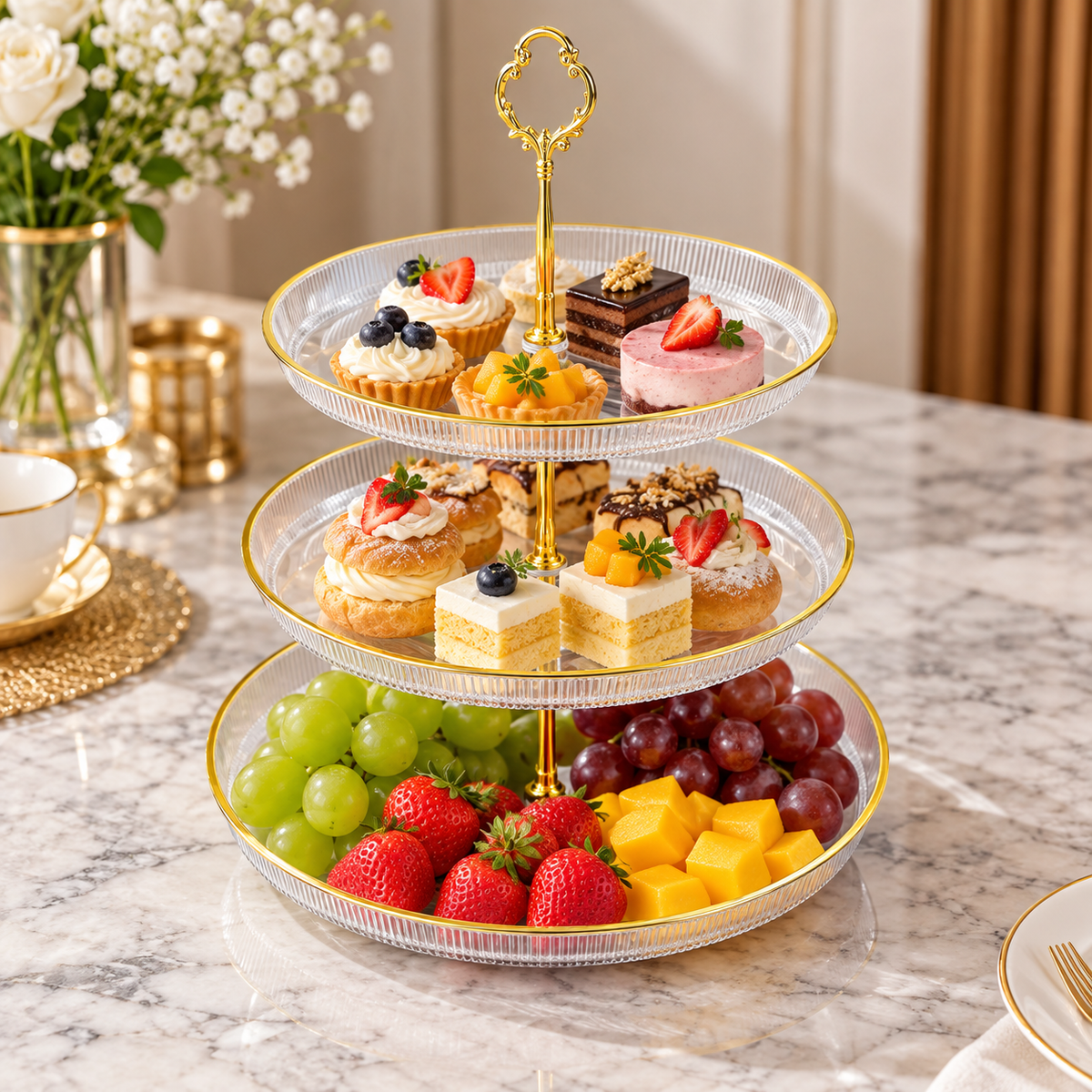 3-Tier Clear Acrylic Dessert & Serving Stand with Gold Trim