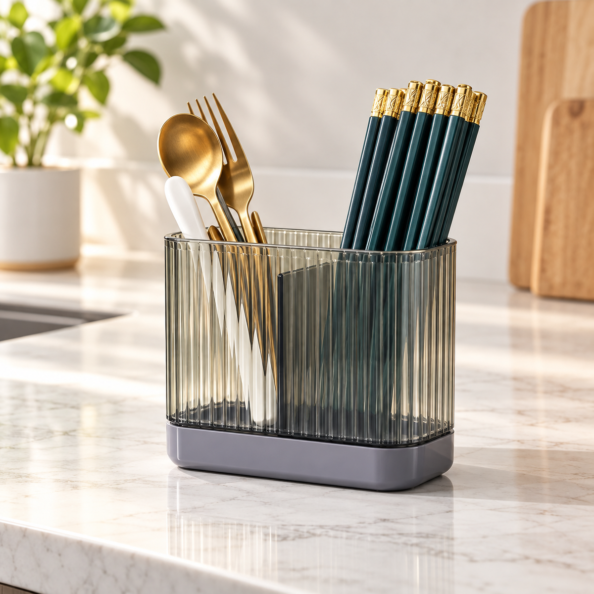Ribbed Transparent Cutlery & Chopstick Holder
