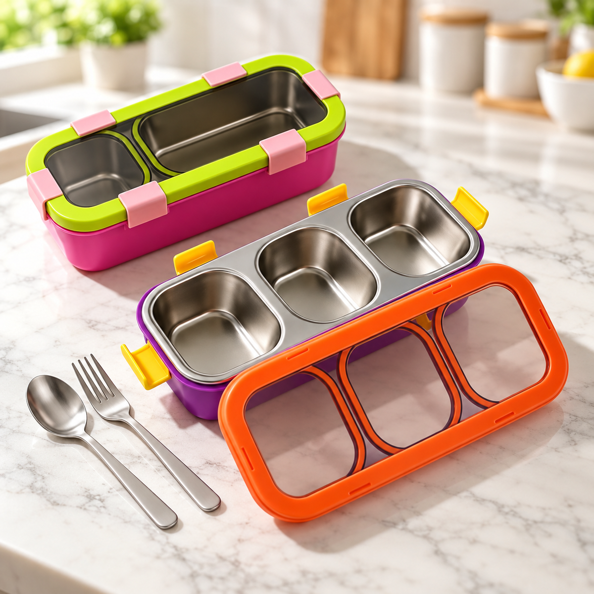 SUS 304 Stainless Steel 3-Compartment Lunch Box with Cutlery