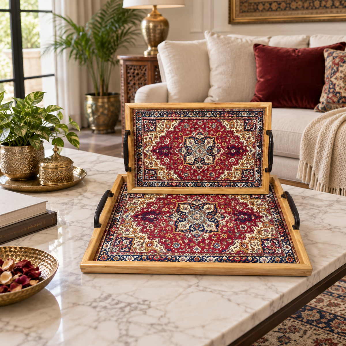 2-Piece Traditional Pattern Decorative Serving Tray Set