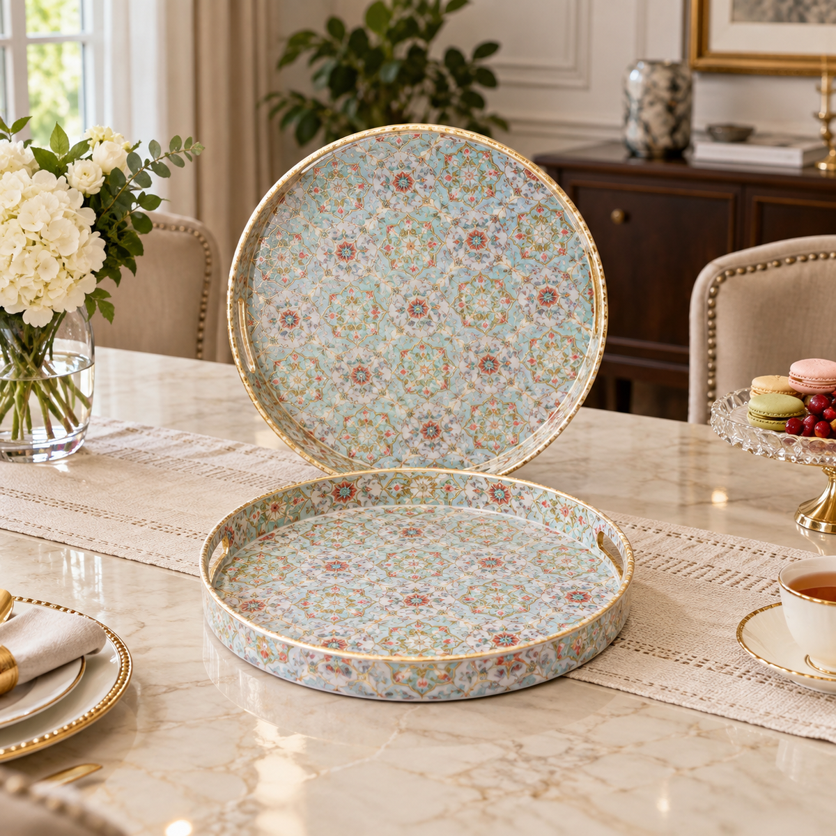 Turquoise Ornate Round Serving Tray Set – 2 Pieces