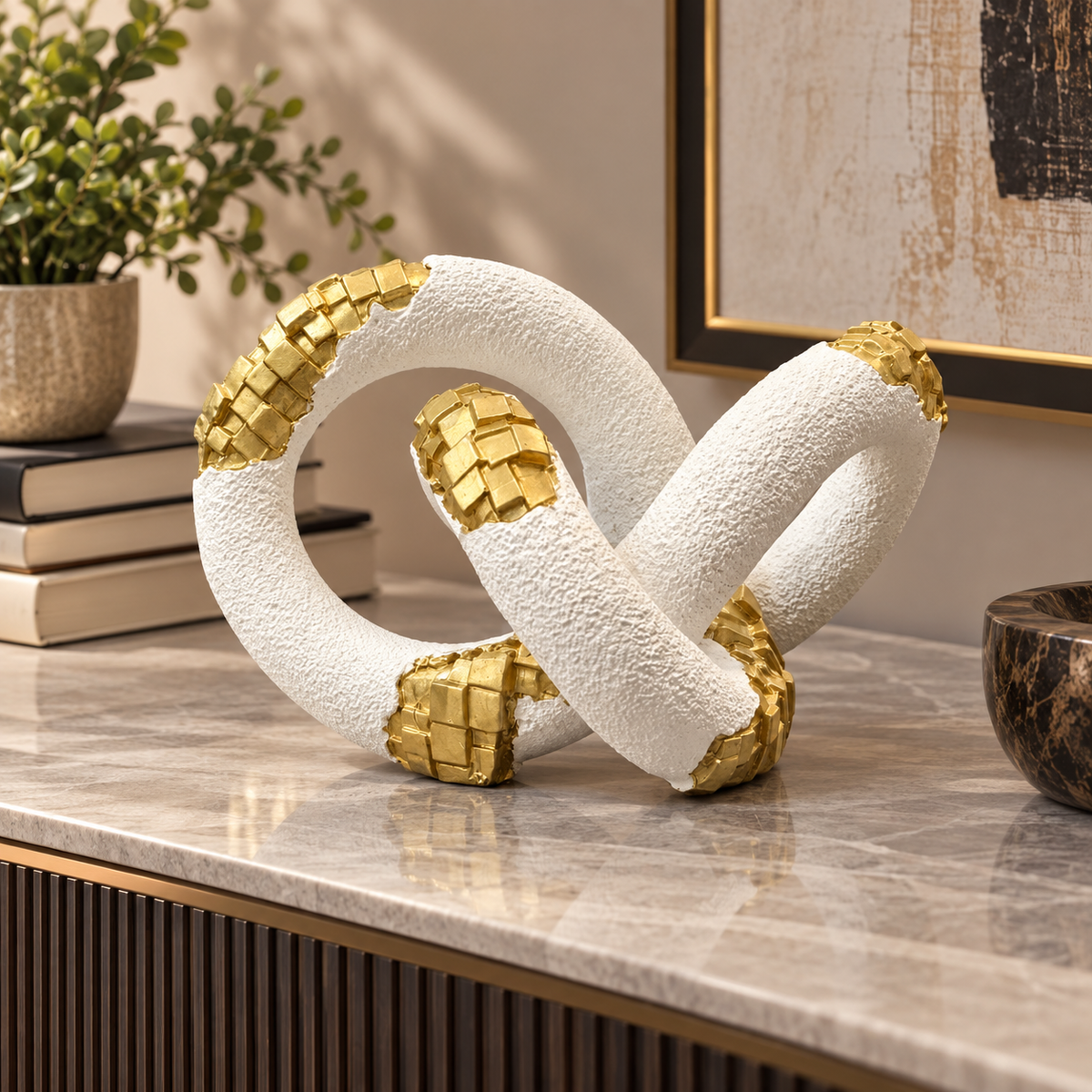 White & Gold Interlocking Loop Sculpture – Modern Abstract Home Décor