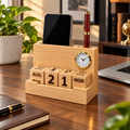 Wooden Pen Stand with Clock & Perpetual Calendar