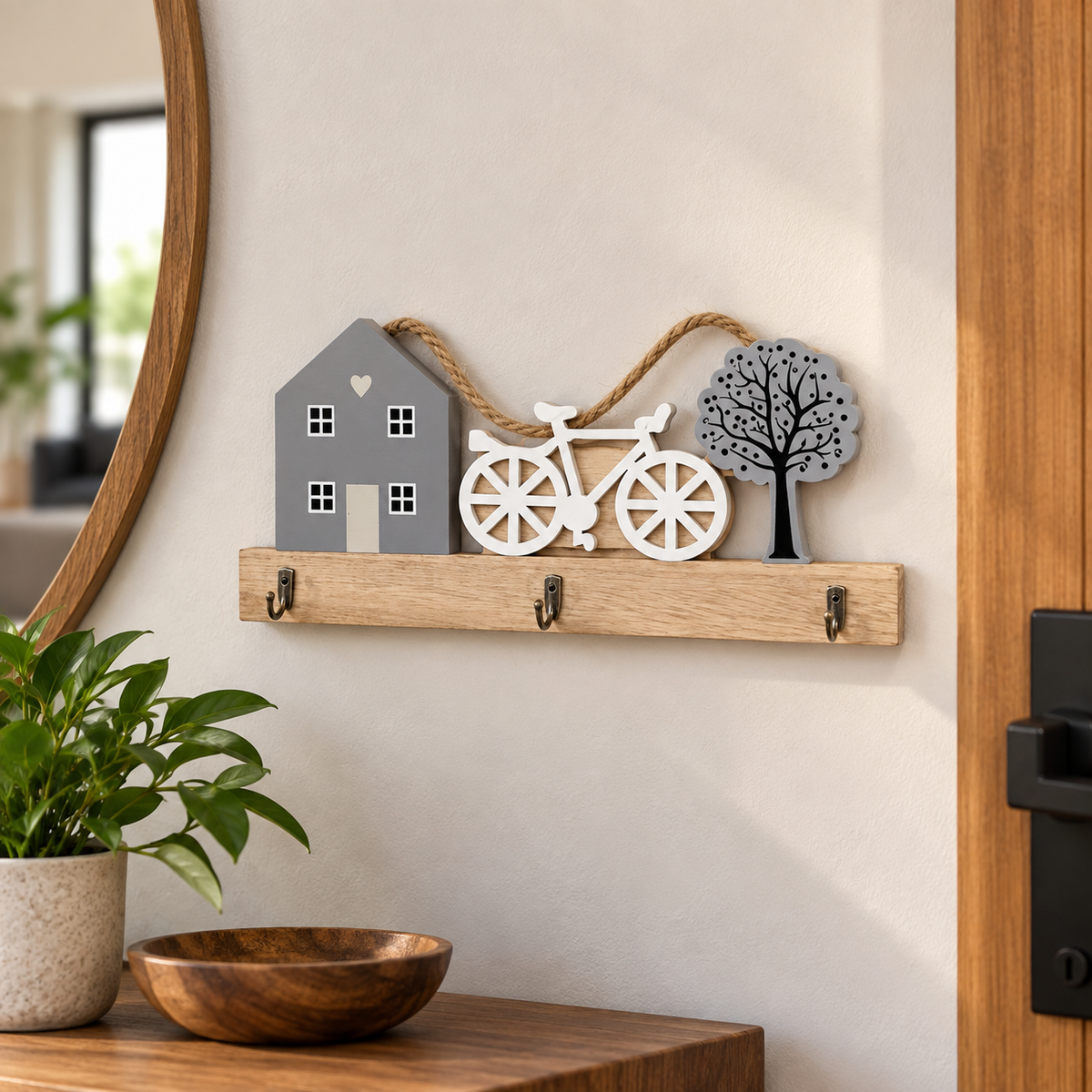 Bicycle & House Wooden Wall Key Holder