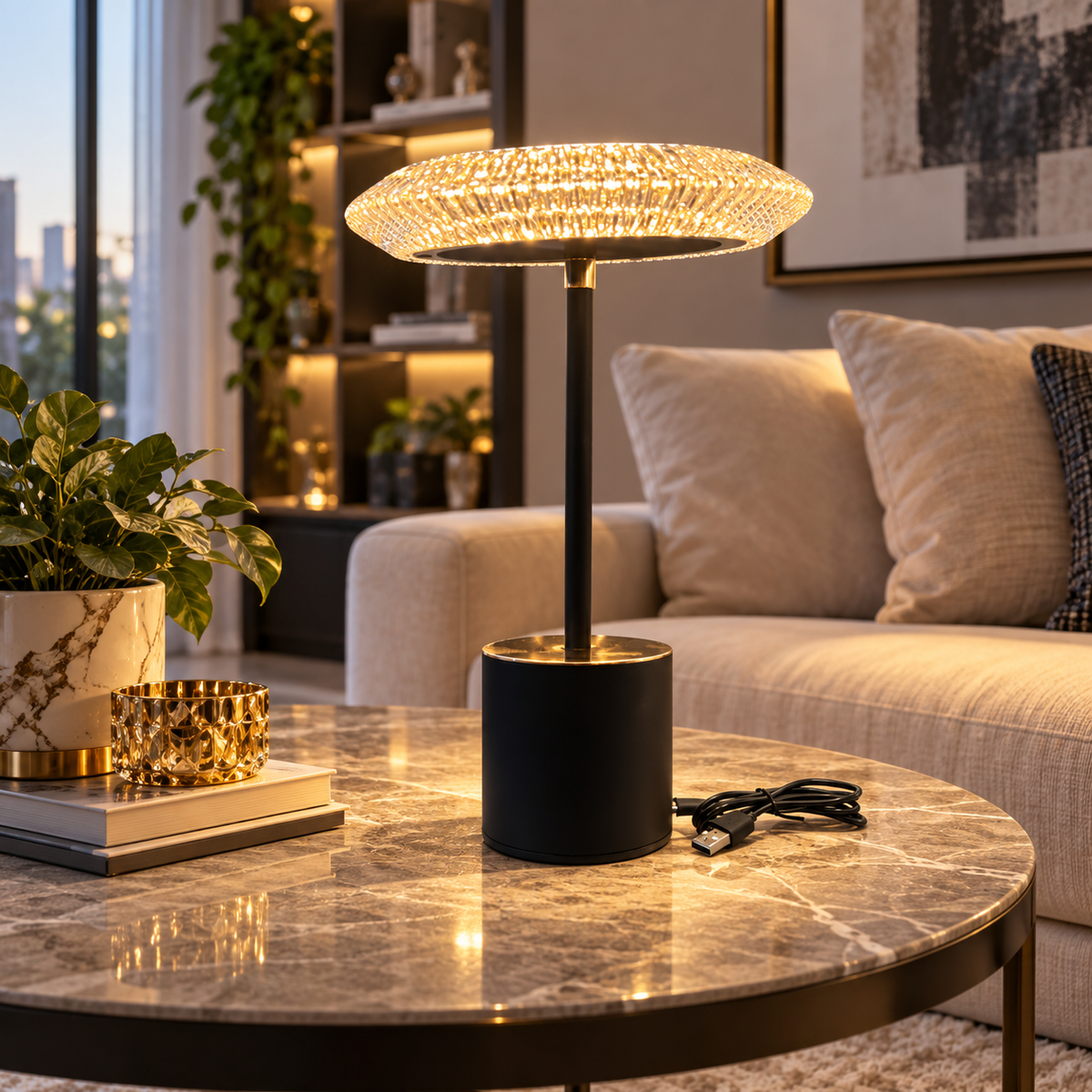 Modern Crystal Drum Shade LED Table Lamp