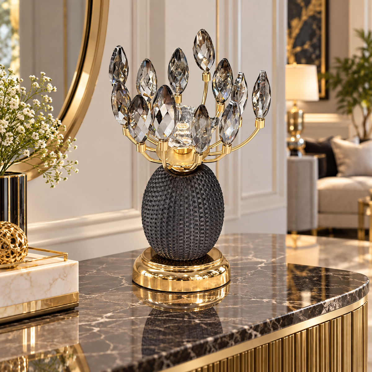 Luxury Black & Gold Crystal Leaf Candle Holder