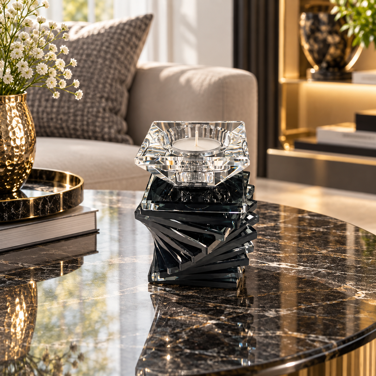 Modern Black Twisted Crystal Tealight Candle Holder