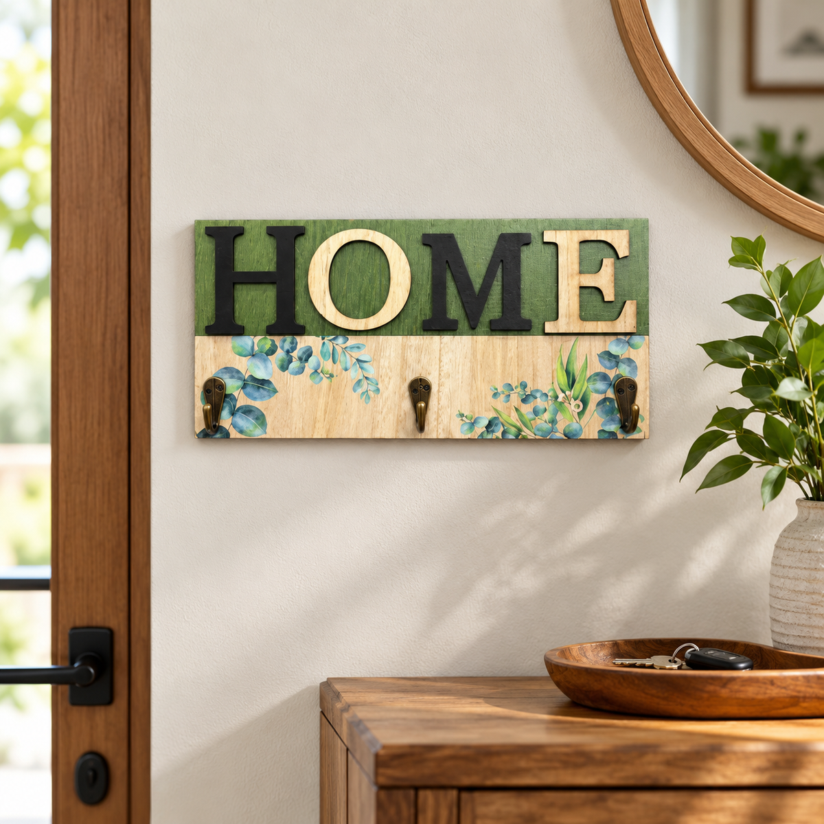 Floral HOME Wooden Wall Key Holder with 3 Hooks
