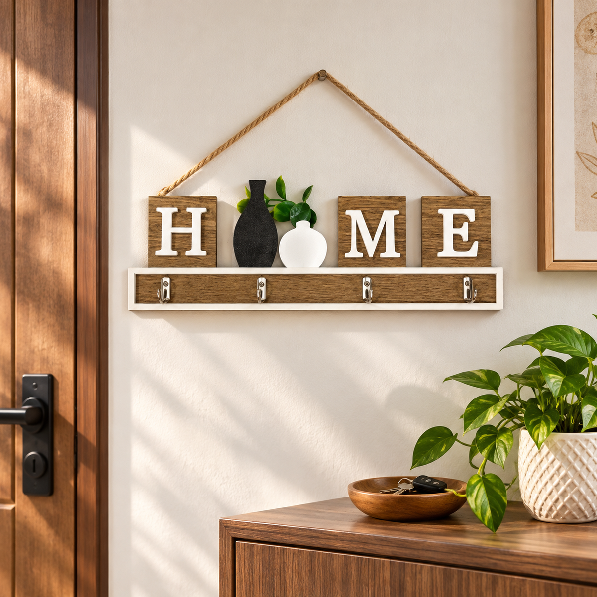 Rustic HOME Wooden Wall Key Holder with 4 Hooks