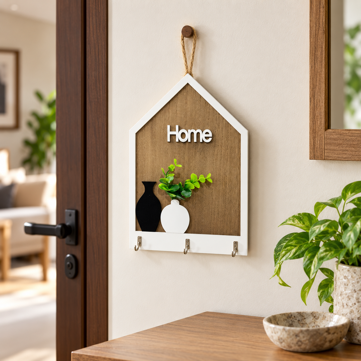 House-Shaped Wooden Wall Key Holder with 3 Hooks
