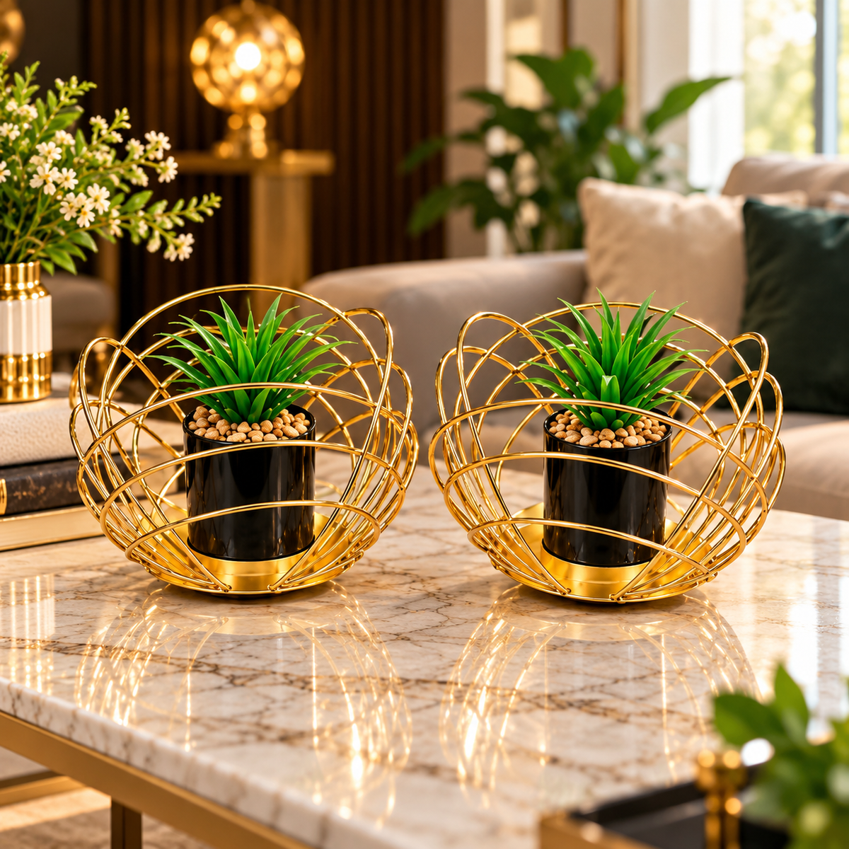 2-Piece Gold Metal Decorative Plant Pot Holder Set