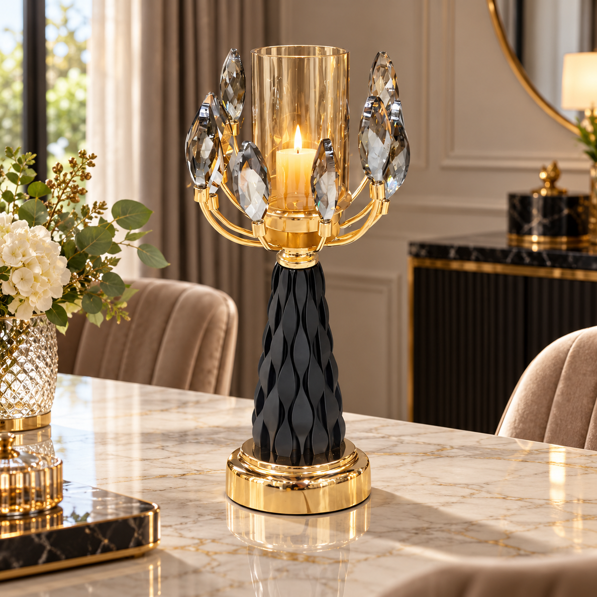 Tall Black & Gold Crystal Hurricane Candle Holder