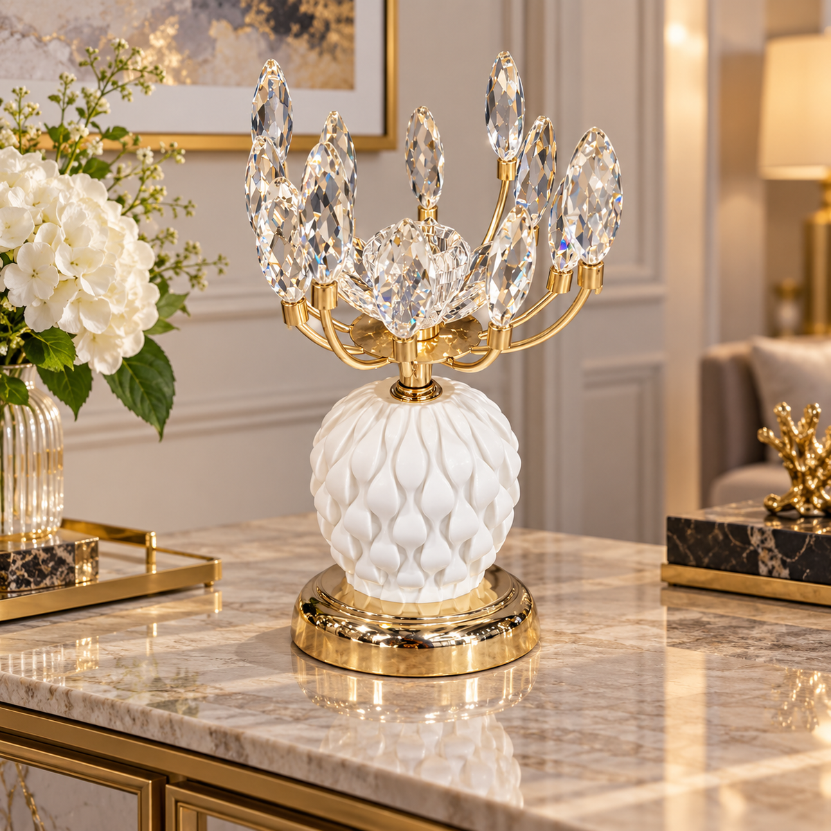 Luxury White & Gold Crystal Leaf Candle Holder