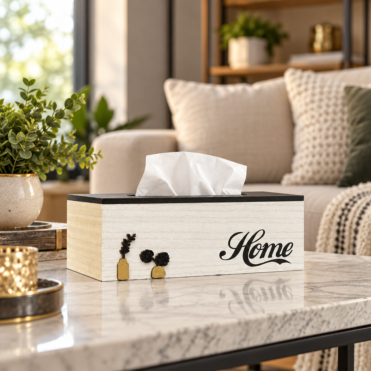 Whitewashed Wooden HOME Tissue Box Cover